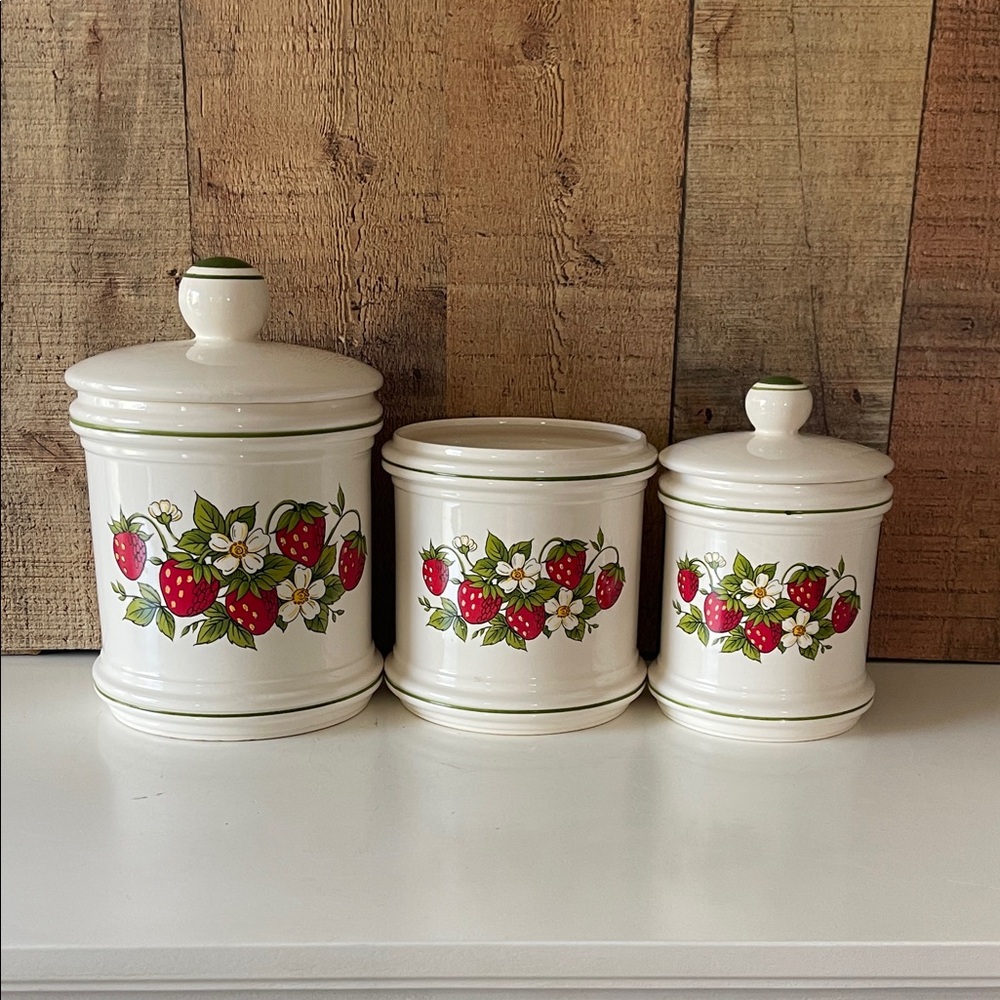 Vintage 1970’s Sears Roebuck Strawberry Fields ceramic canister set.